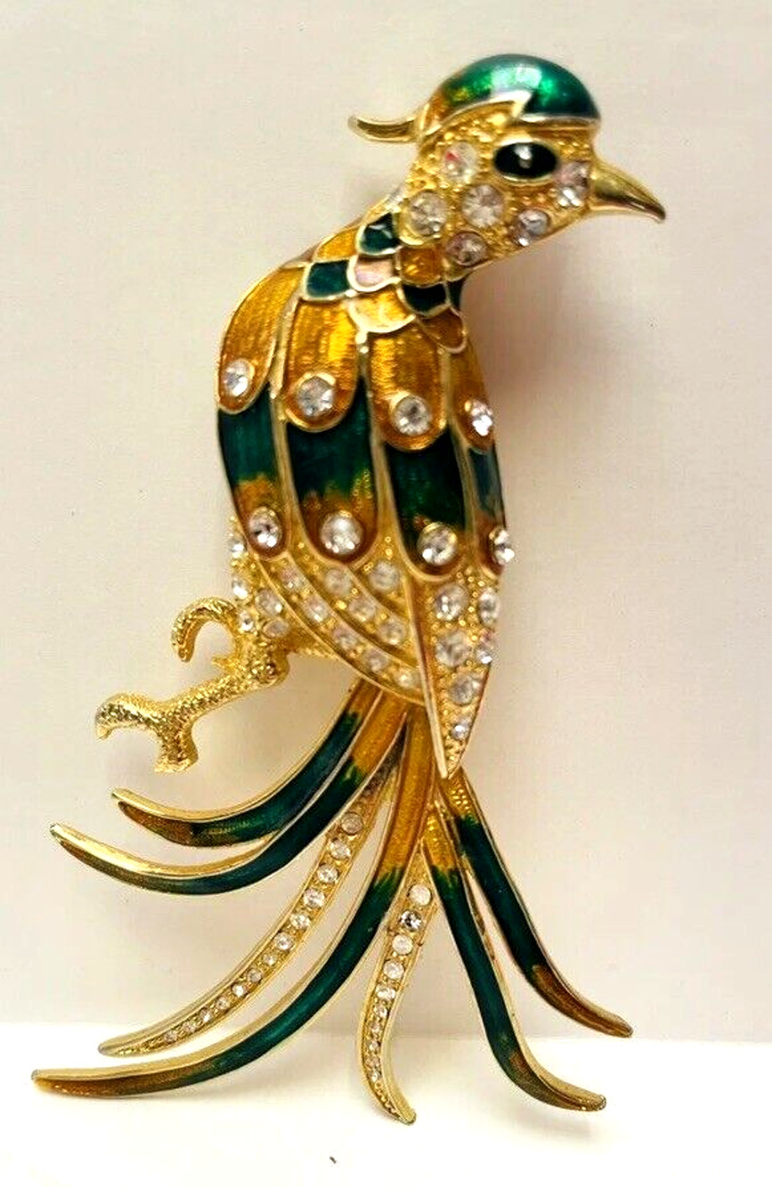 Exotic Pheasant Bird of Paradise Brooch Pin Rhinestone Gold Tone green enamel 5”